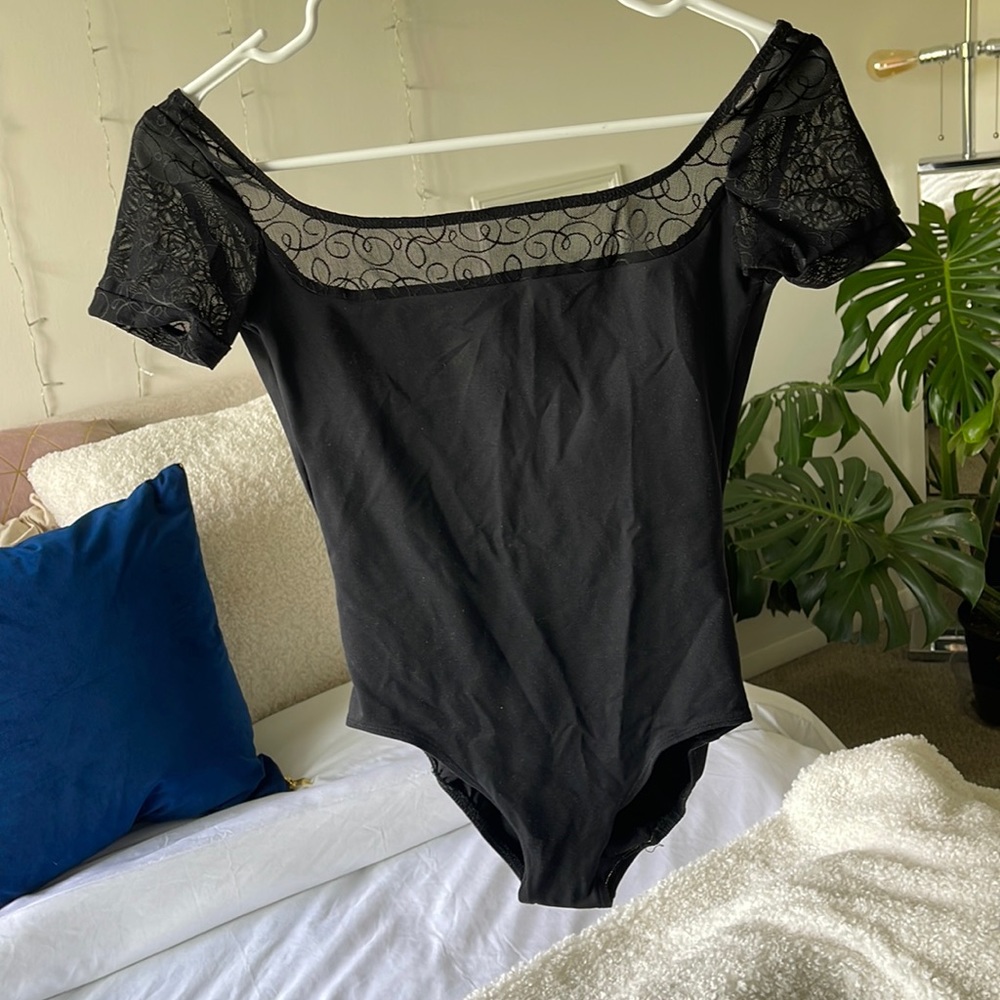 AinslieWear Mesh Cap Sleeve Black Leotard